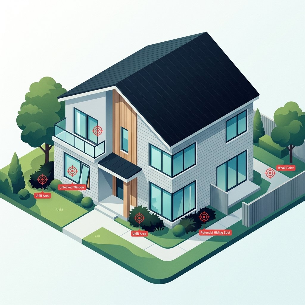 House exterior showing typical burglar targets like bushes and windows