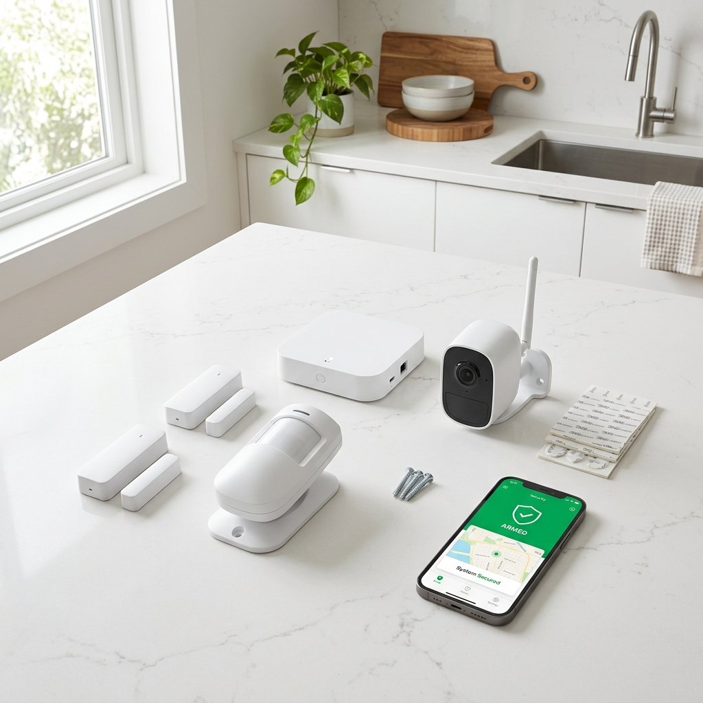 DIY home security system components laid out on a counter with smartphone app
