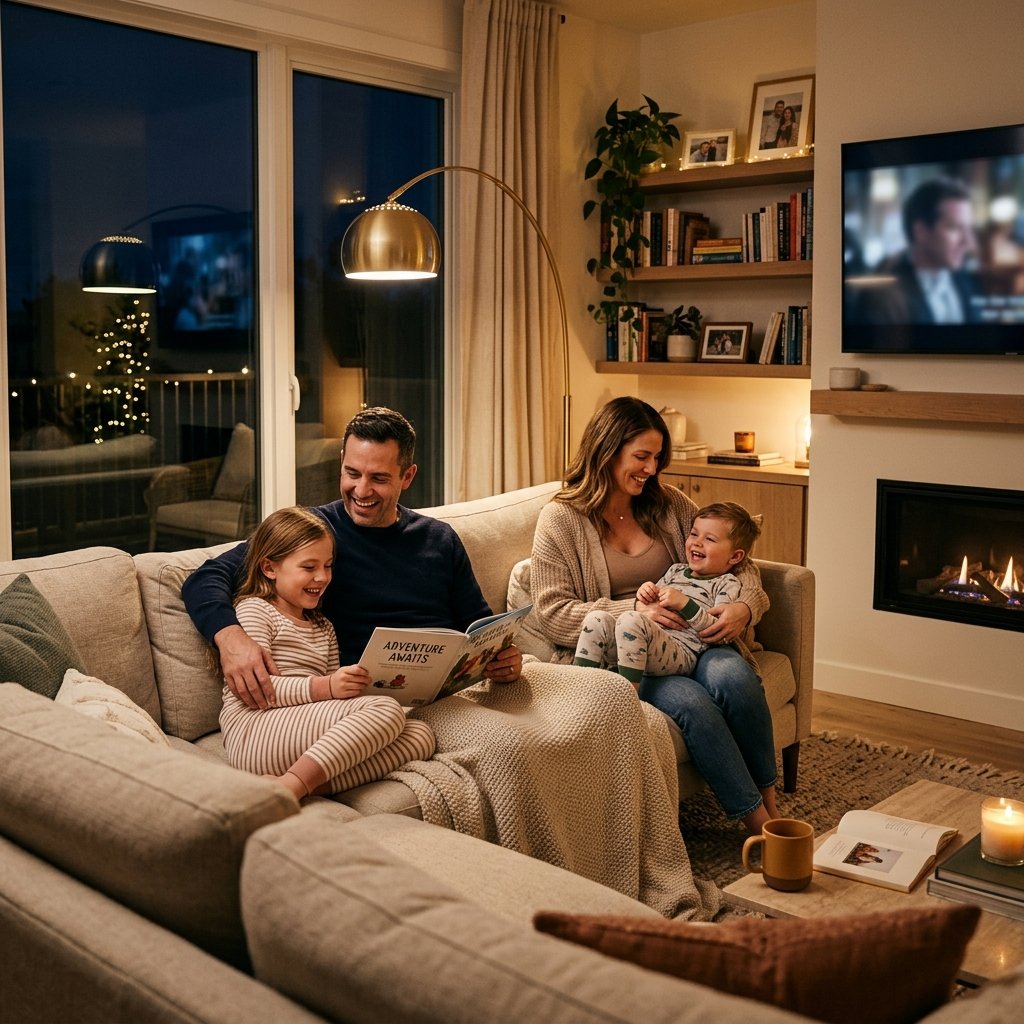 Happy family feeling safe in their modern living room