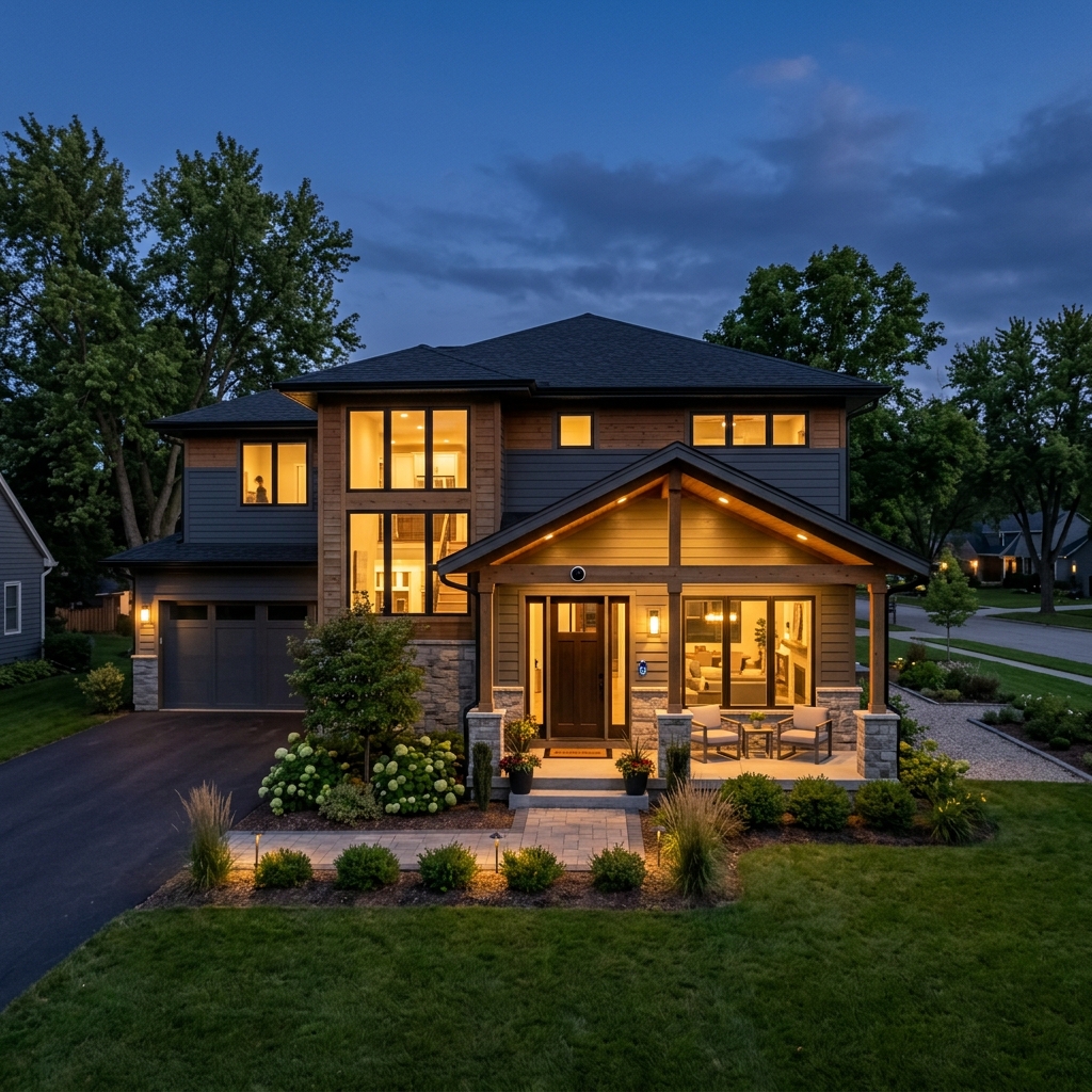 US family home with modern security camera at entryway
