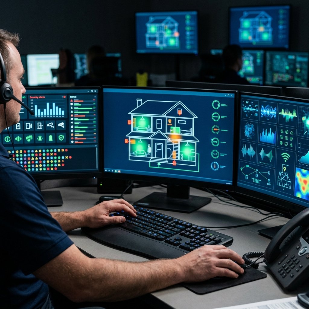 Monitoring center dispatch workstation showing alarm zones and emergency response interface