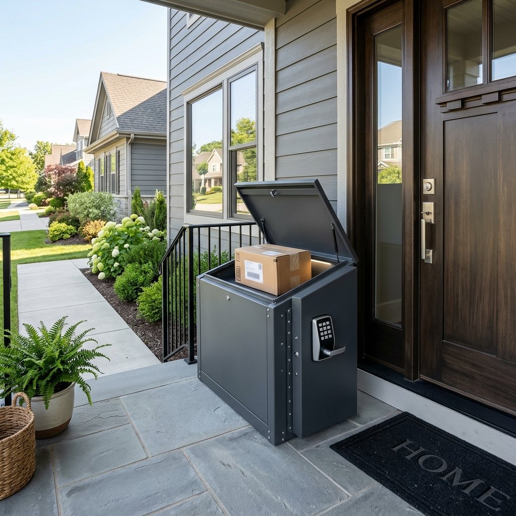 Secure parcel lockbox on a US front porch protecting deliveries