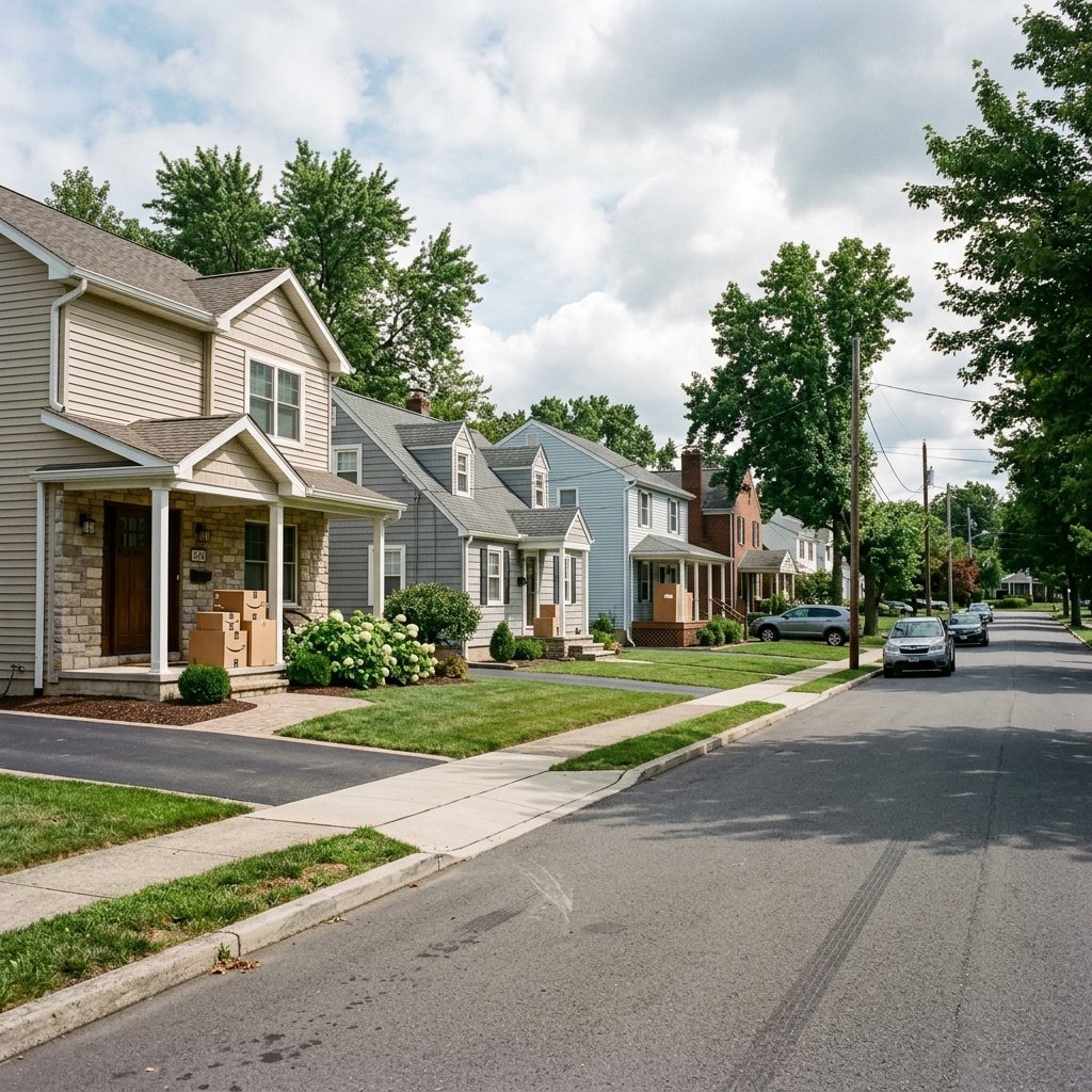 US suburban street showing packages visible on multiple front porches