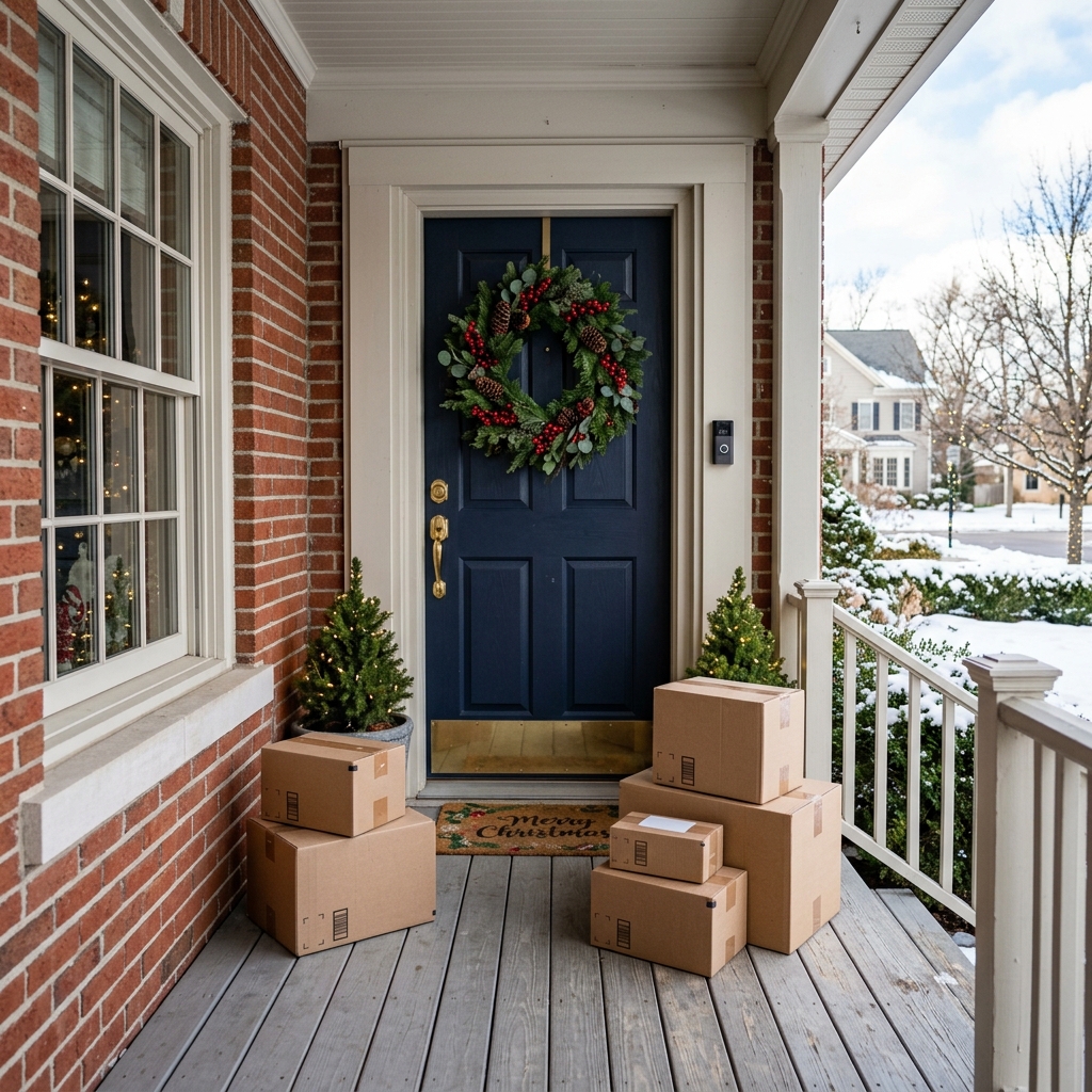 Holiday delivery package on porch protected by doorbell camera