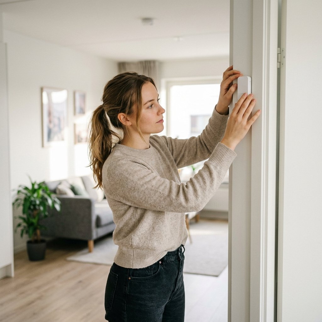 Renter installing a damage-free door sensor in an apartment