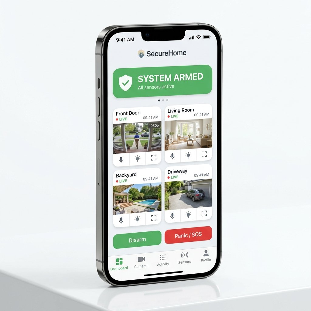 Home security app on smartphone showing armed status and camera feed
