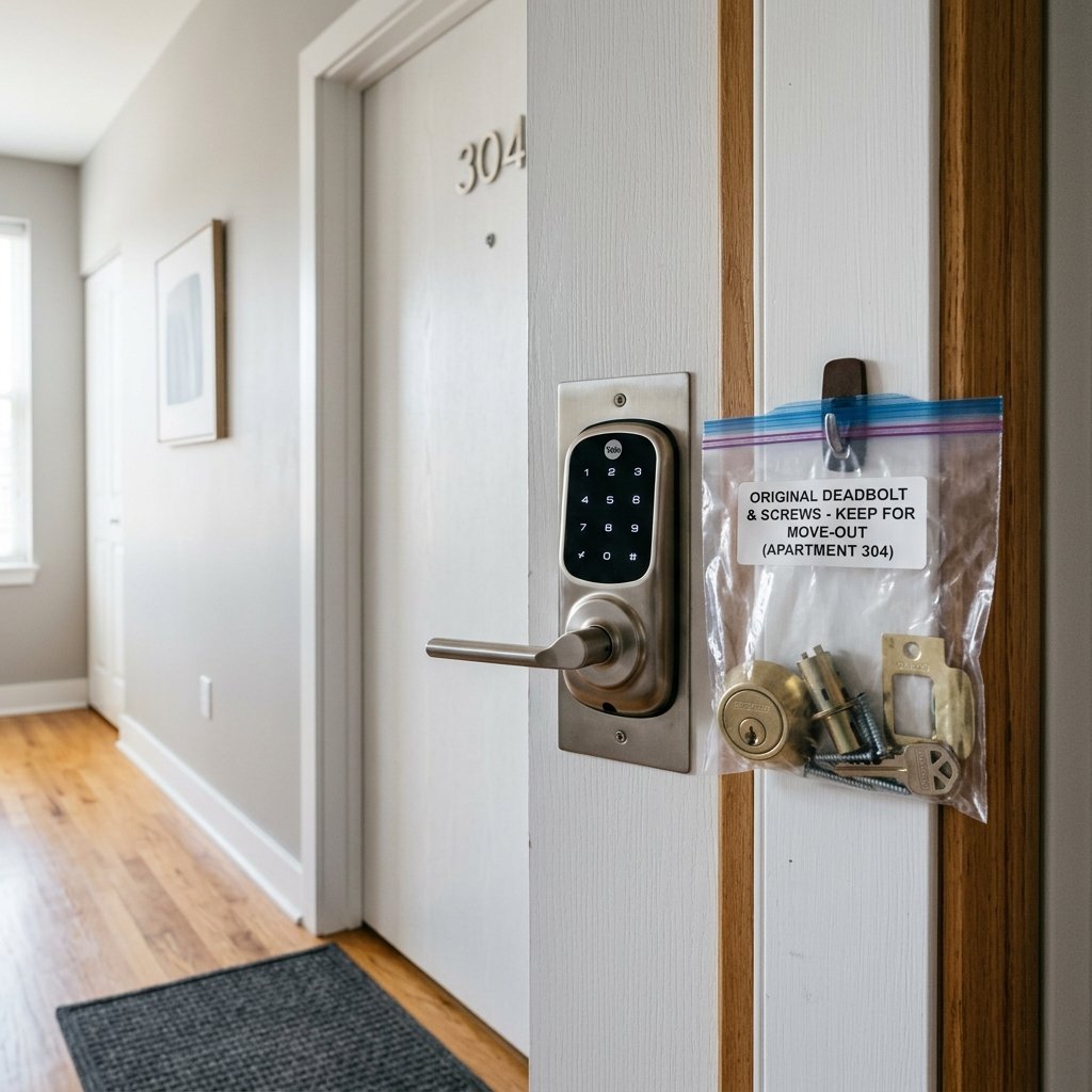 Original deadbolt stored for reinstallation at move-out