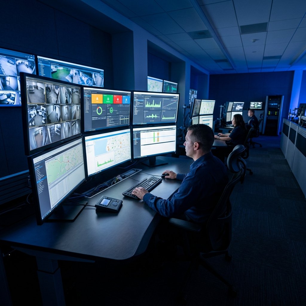 24/7 professional alarm monitoring center operator responding to an alert