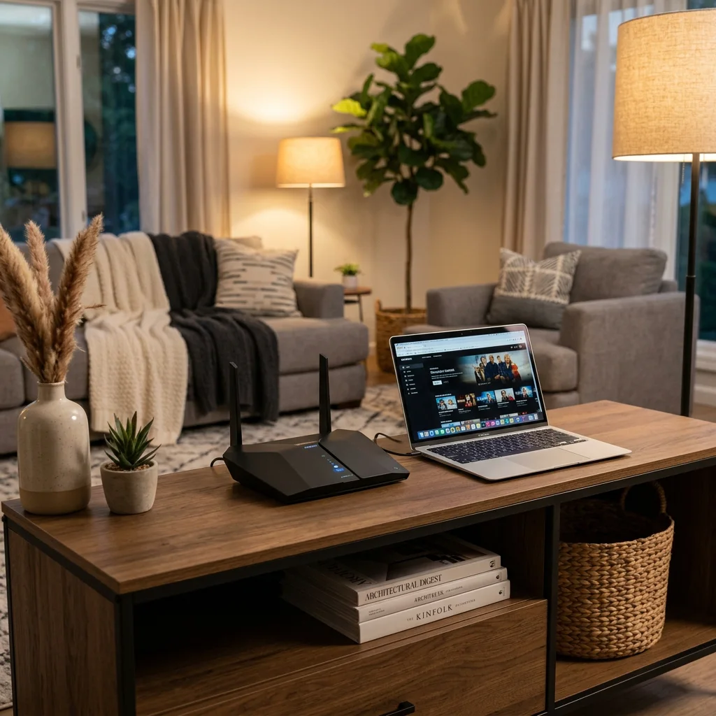 Modern 5G home internet router in a cozy living room