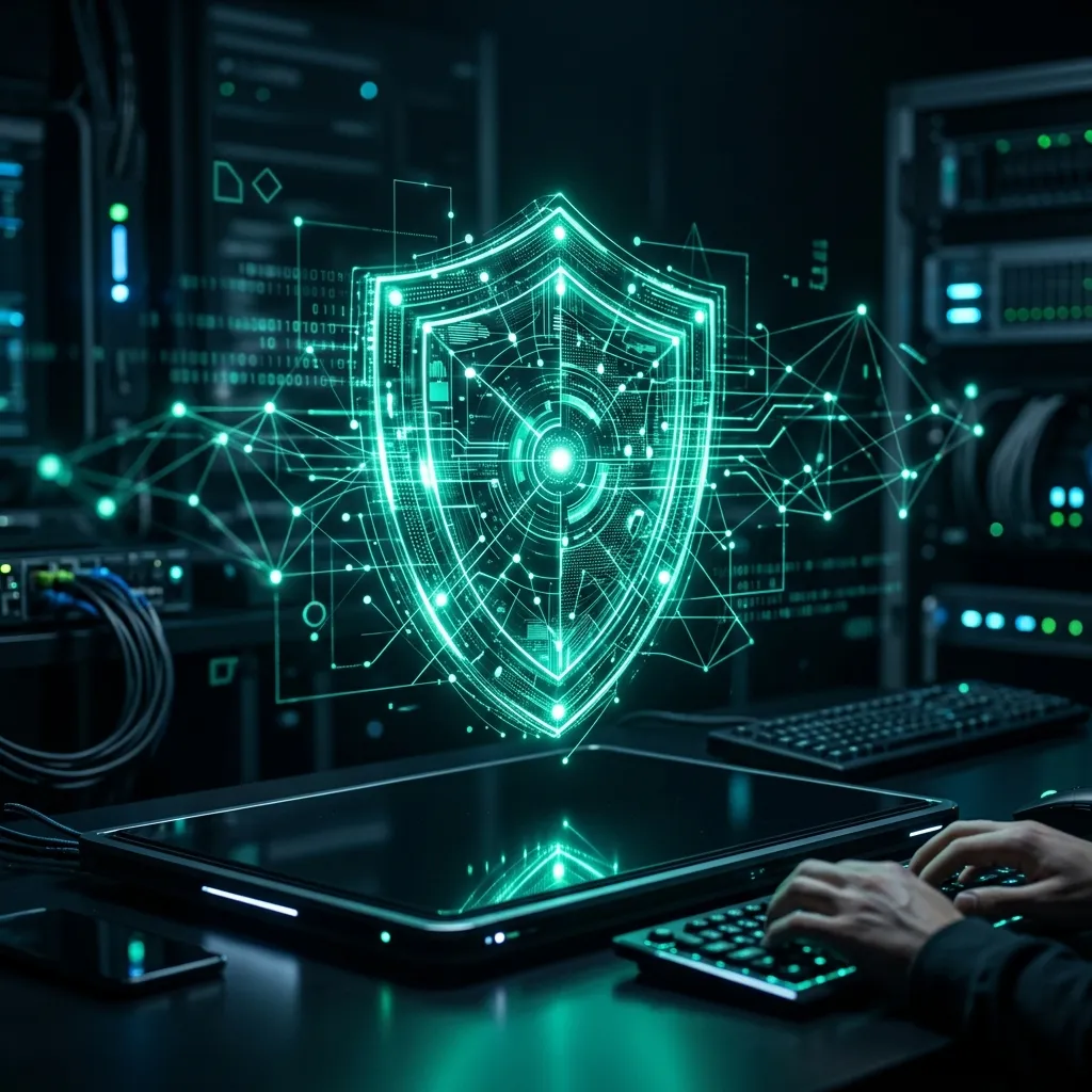 Cybersecurity shield hologram in teal