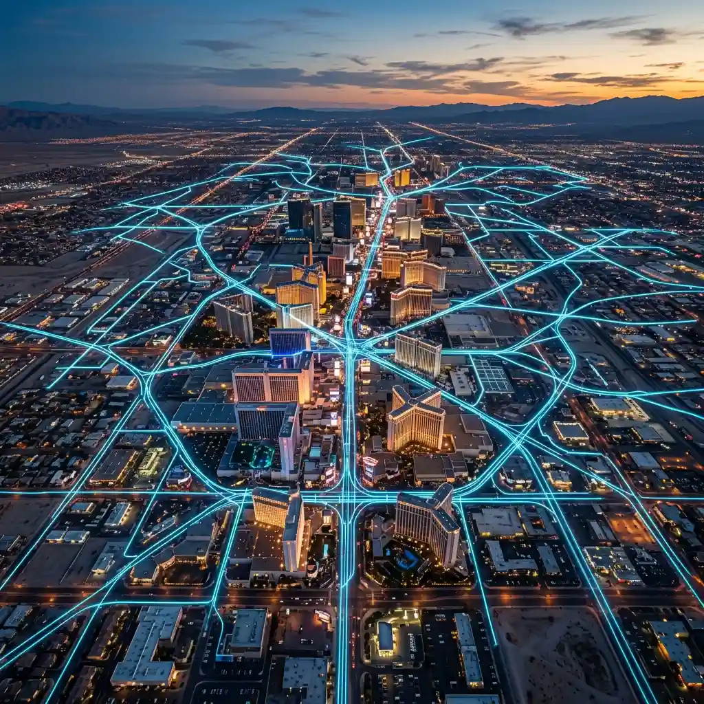 Aerial view of city with fiber optic network coverage