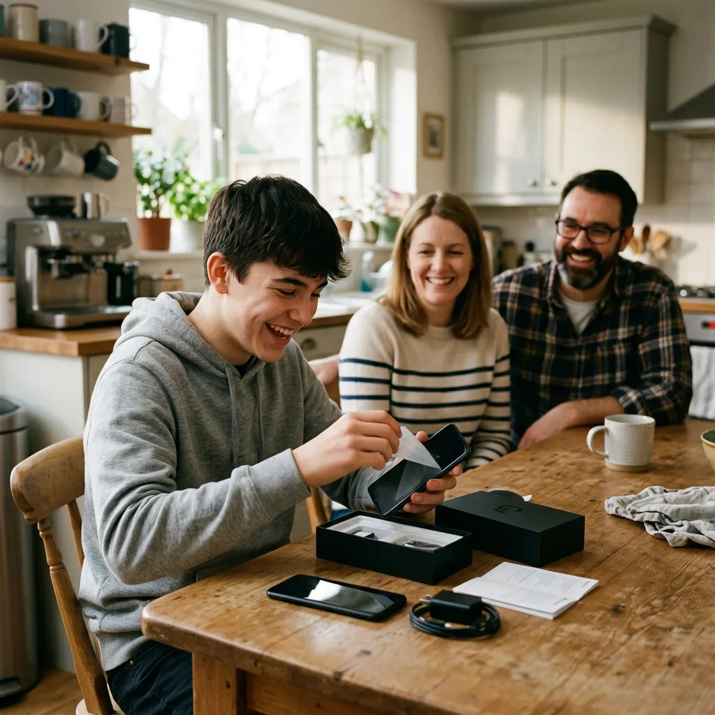 Teenager unboxing new phone with family