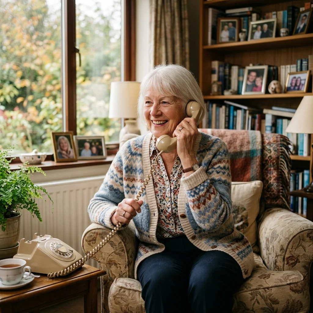 Senior smiling and talking on a traditional desk telephone at home