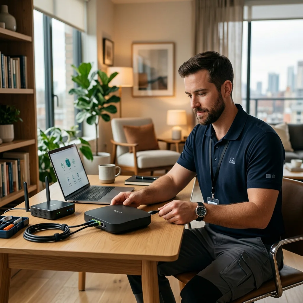 Professional technician setting up internet backup