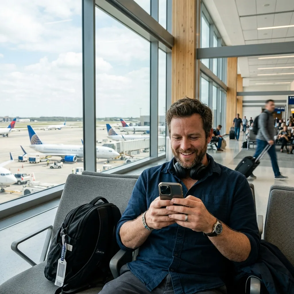 Traveler checking smart phone
