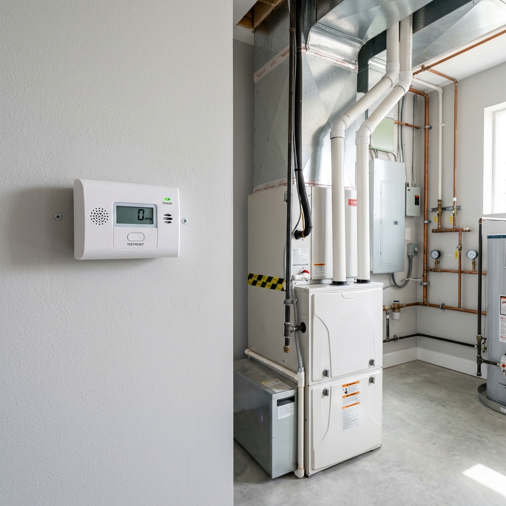 Carbon monoxide detector installed near gas furnace for continuous CO monitoring