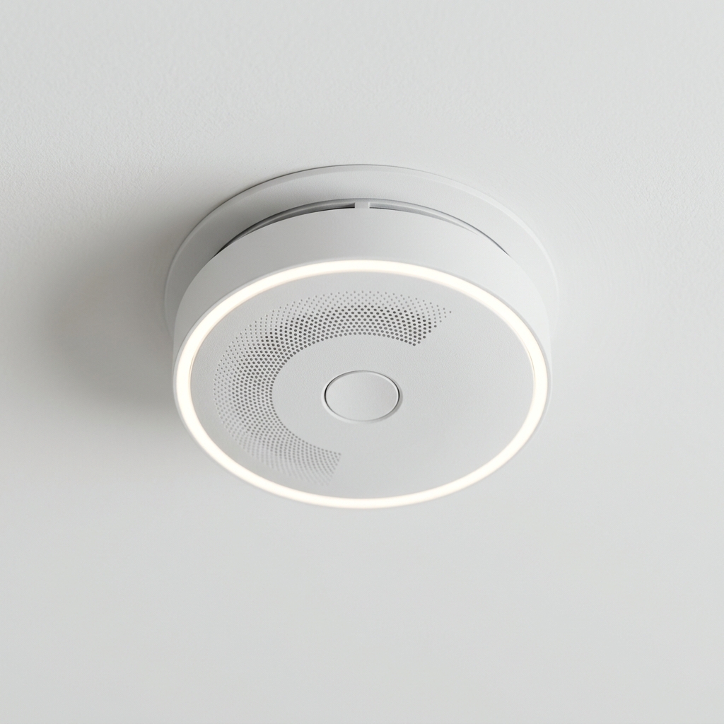 Modern dual-sensor smart smoke detector mounted on ceiling for comprehensive fire detection