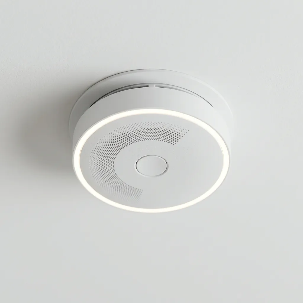 Modern dual-sensor smart smoke detector mounted on ceiling for comprehensive fire detection