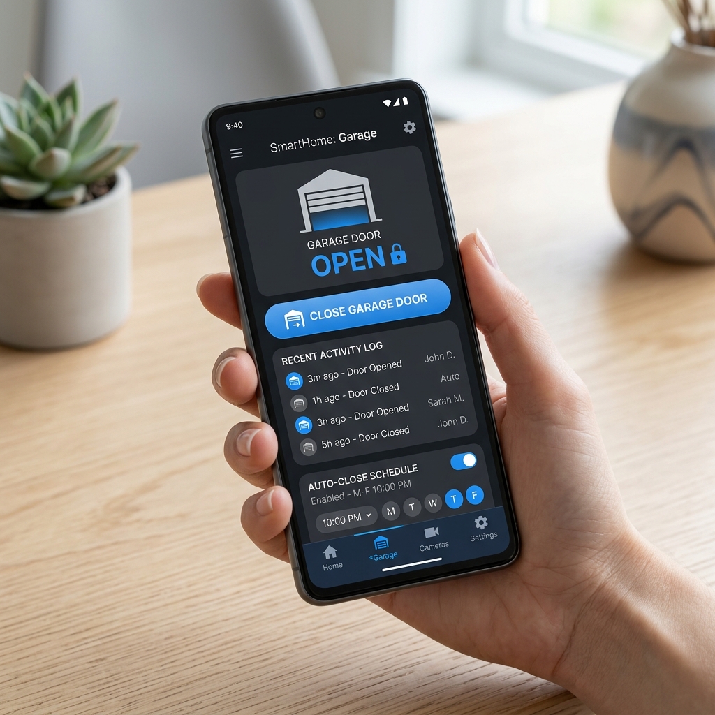 Smart home app showing garage door status and controls