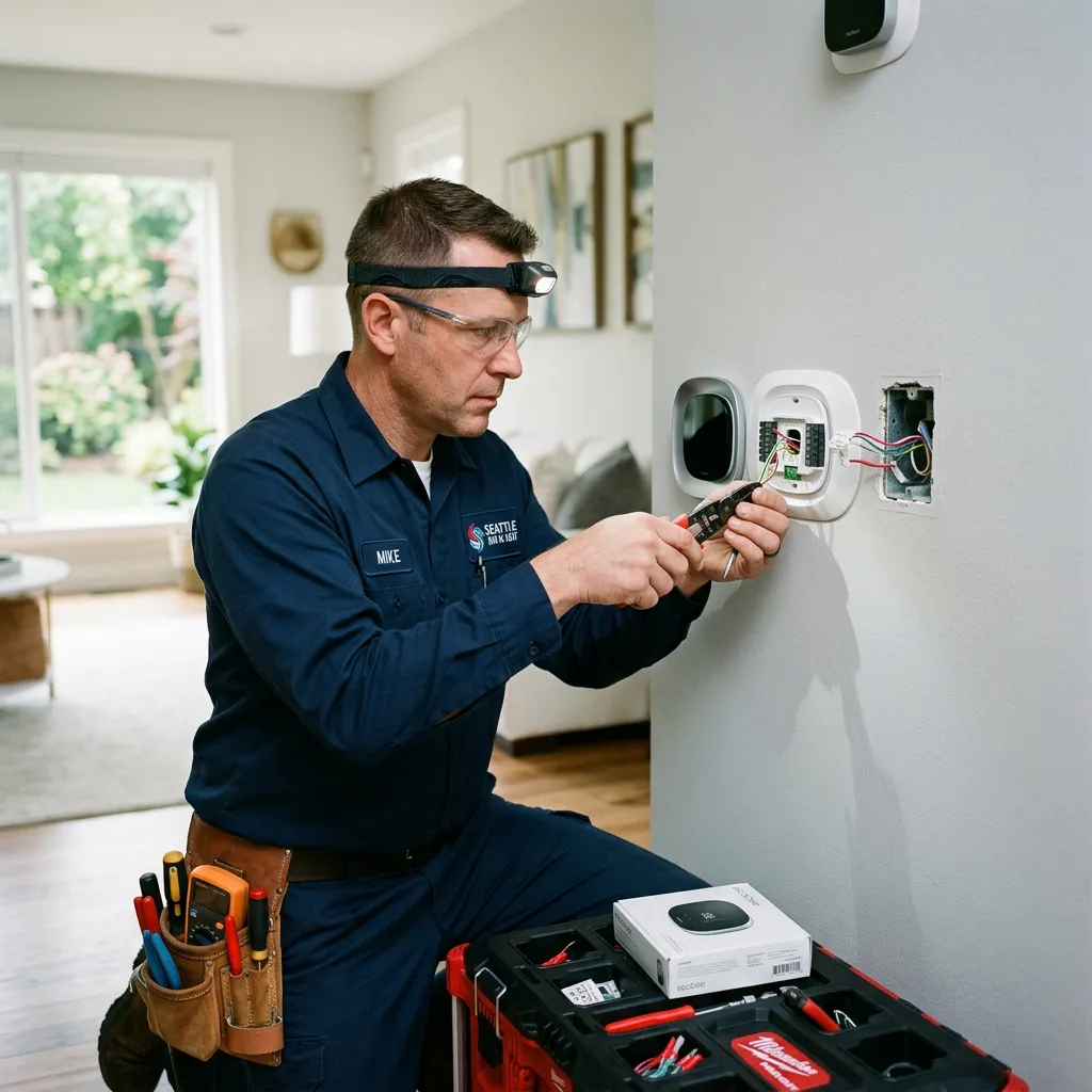 Professional smart thermostat installation handling C-wire and HVAC compatibility