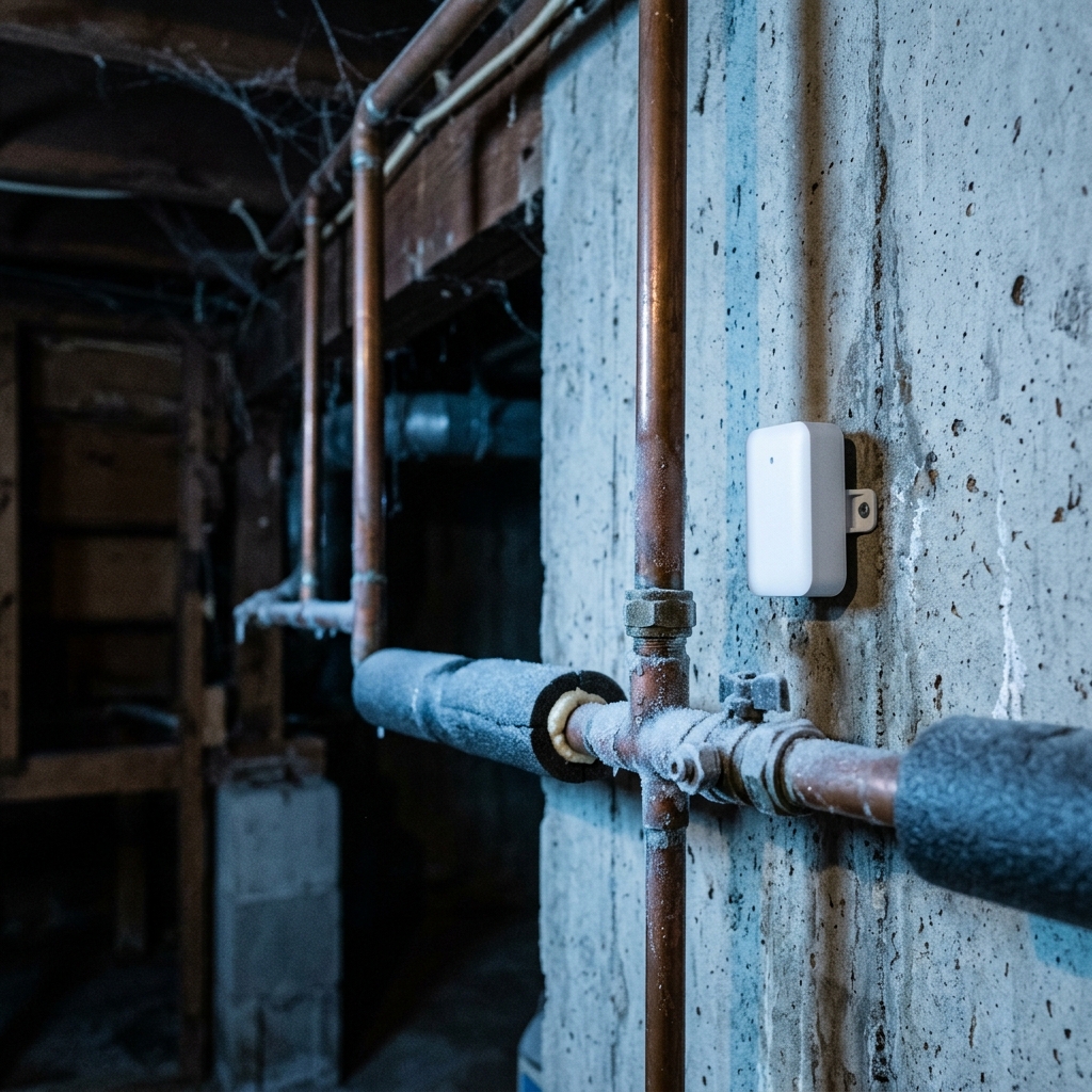 Smart freeze sensor mounted near exposed water pipes in basement for frozen pipe detection