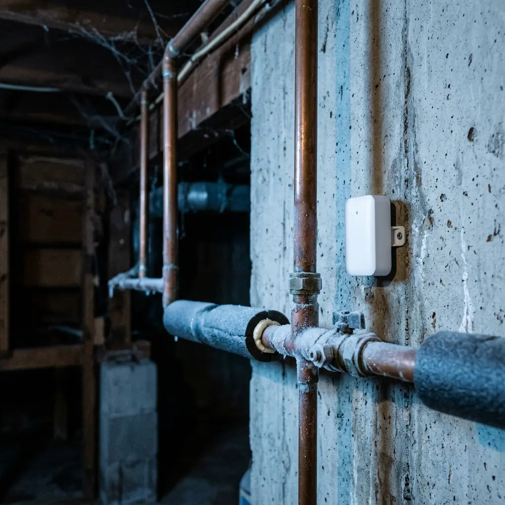 Smart freeze sensor mounted near exposed water pipes in basement for frozen pipe detection